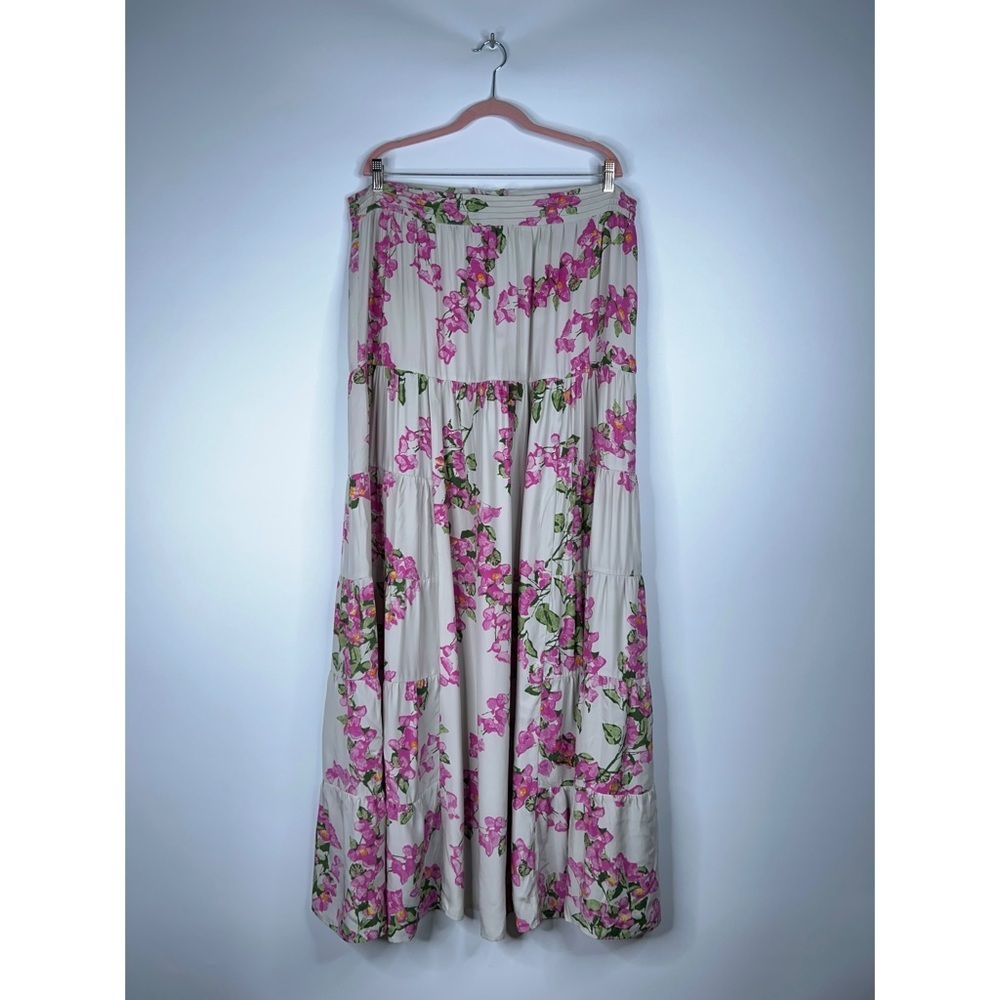 Natalie Martin Silk Floral Jasmine Maxi Skirt Pink Cream Green Tiered XL